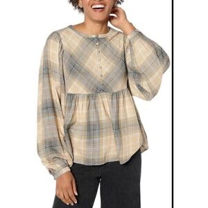 ME by Jennie Gar Gar Plaid Babydoll Peplum Blouse Long Sleeve Women Size M